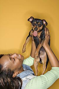 African American young adult female holding Miniature Pinscher dog.