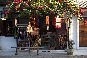 Flowers outside a clothing shop