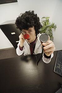 Doctor with clown nose and hair