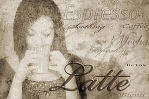 Coffee words around a woman drinking coffee
