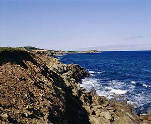 Waves crashing on rocky shore