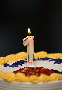 A birthday cake with lit candle 