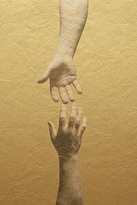 Two hands reaching with yellow wall