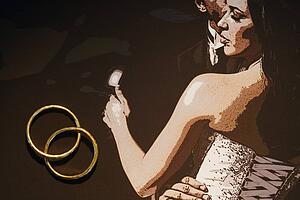 Illustration of bride and groom with wedding bands