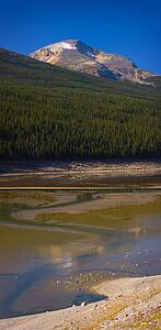 Panoramic of the self-draining Medicine Lake and mountain 