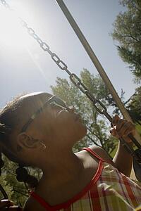 Young girl sitting on swing in park