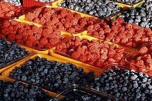 Baskets of blueberries and raspberries