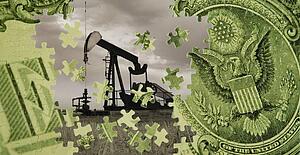 A composite of an oil well and an American dollar bill