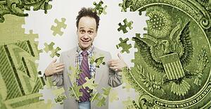 Composite of a US dollar bill and a goofy business man