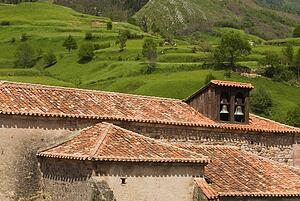 Pantiled roofs and church belfry in Carmona, Cantabria, Northern Spain 