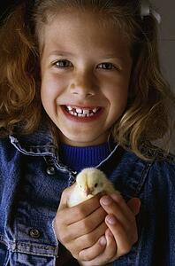 A girl holding a baby chick