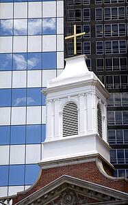 Shrine of Saint Elizabeth Anne Sexton & Skyscrapers, Lower Manhattan, New York City, New York, USA 