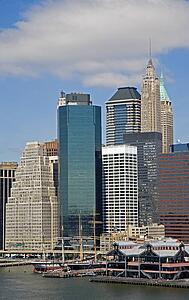 South Street Seaport Museum and Lower Manhattan Skyline, New York City, New York, USA 