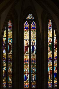 Gothic Stained Glass Windows in Spanish Church of San Severino, Balmaseda, The Basque Country, Spain 