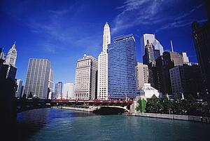 Chicago river and downtown in Chicago, Illinois, USA 