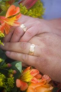 Closeup of rings on bride and grooms fingers 