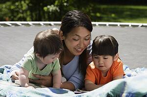 Mother and children reading
