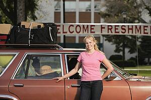 A woman arriving at college