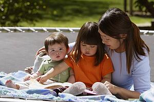 A mother reading to her children