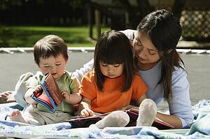 A mother reading to her children