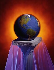 Backlit globe on Grecian pillar