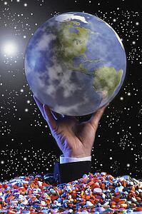 Globe in space held up by hand set in base of pills