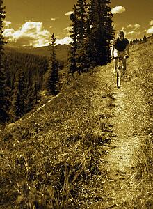 Man riding mountain bike on narrow path