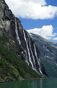 Waterfall of cliff into water below, Lysefjord, Norway