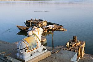 Hindu shrine of Nandi along the banks of the Ganges river, Varanasi, India