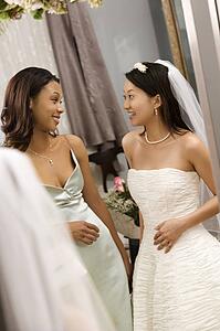 Bride and bridesmaid talking to each other