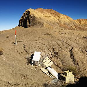 Pile of junk on hillside in Utah, United States.