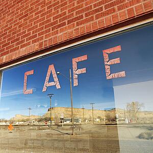 Exterior shot of cafe window.