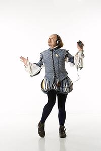William Shakespeare in period clothing listening to mp3 player and dancing.