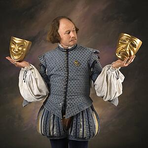 William Shakespeare in period clothing holding theatrical masks in either hand.