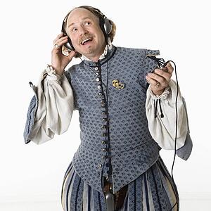 William Shakespeare in period clothing listening to mp3 player and smiling..