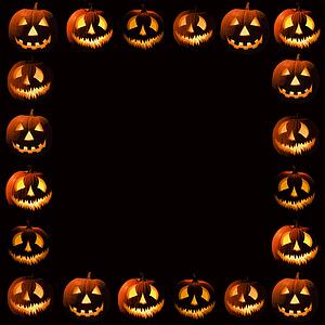 Frame composed of Halloween pumpkins on black.
