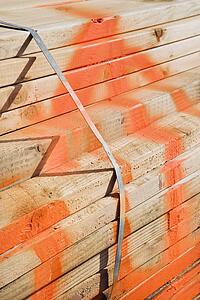 Bundle of lumber with orange spray paint.