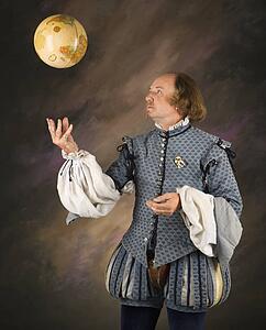 William Shakespeare in period clothing tossing globe into air