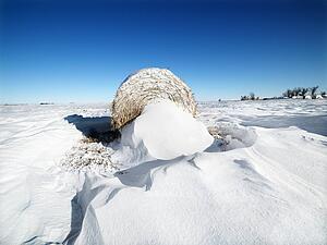 Hay bale in snow covered field with a blue sky