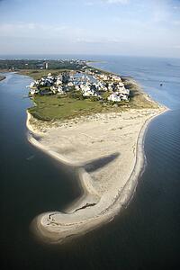 Aerial view of beach and residential community on Bald Head Island, North Carolina.