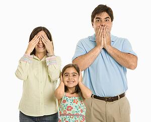 Family doing hear no evil, see no evil, speak no evil gestures