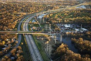 Aerial view of interstate and railroad in Chicago, Illinois.