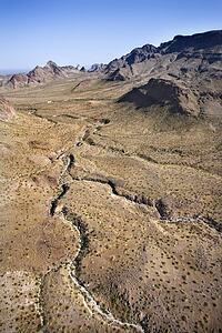 Aerial view of southwestern landscape with mountains