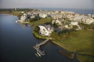 Aerial view of coastal residential community on Bald Head Island, North Carolina