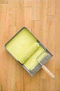 Still life of paint roller in tray on wood floor