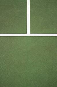 Close up of white lines on green concrete of tennis court.