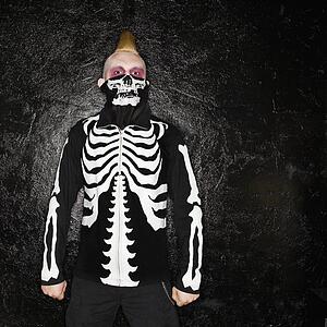 Male punk wearing skeleton sweatshirt and skeleton bandanna