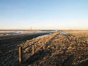 Road with melted snow in rural setting.