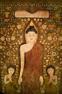 Buddha and two disciples on old temple cotton scroll from Thailand