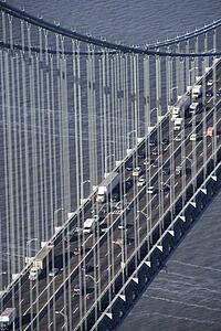 Aerial view of New York City's Verrazano-Narrow's bridge with traffic.